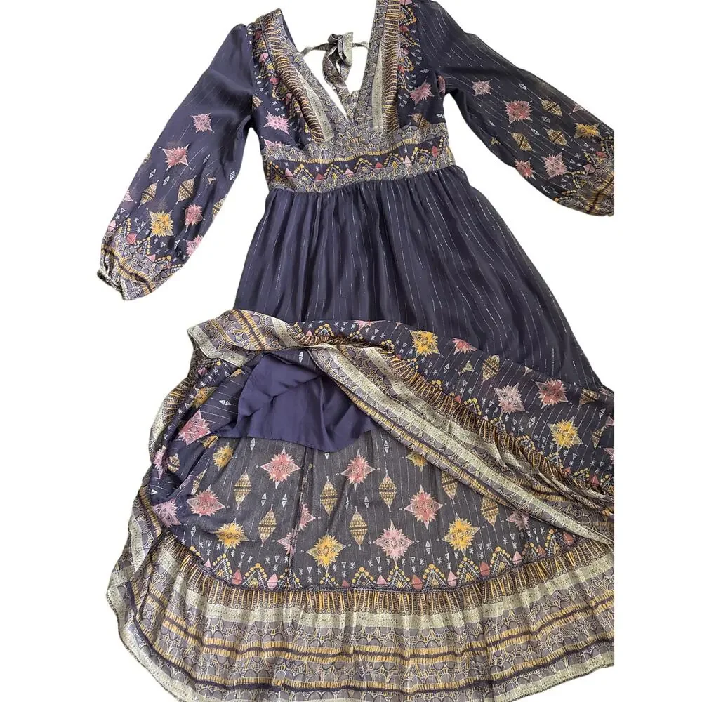 Free People Wishing Well Metallic Lurex Boho Printed Midi Dress Purple Sz Large - Picture 5 of 10
